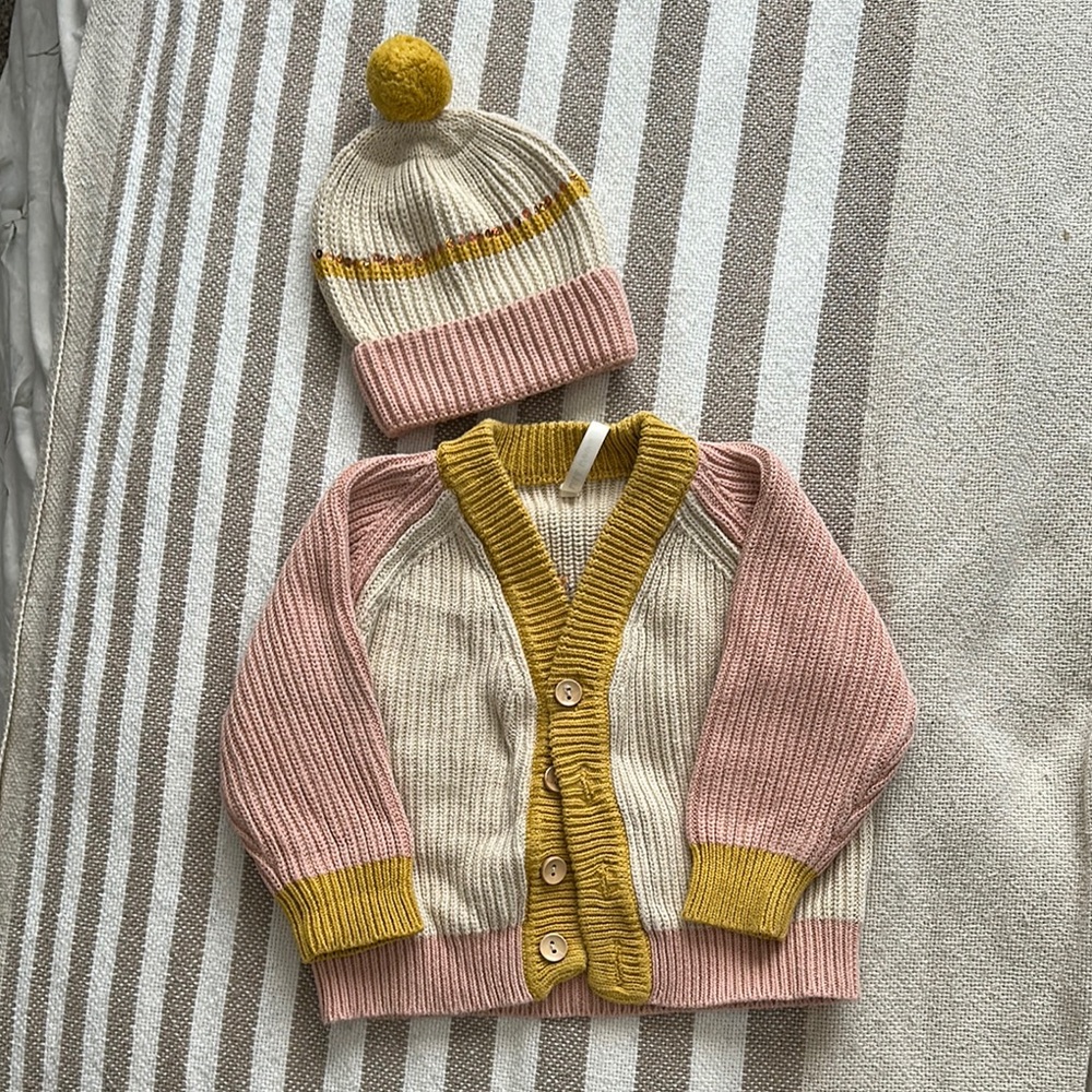 Wild Wawa Pink and Cream Baby Cardigan and Hat Set